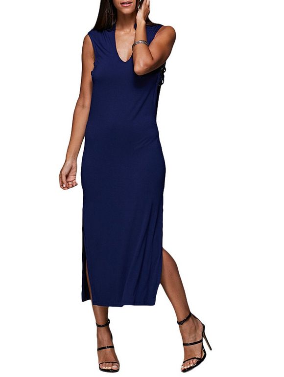 Sexy V-Neck Hollow Out Solid Color Women Midi Split Dress - Bleu M