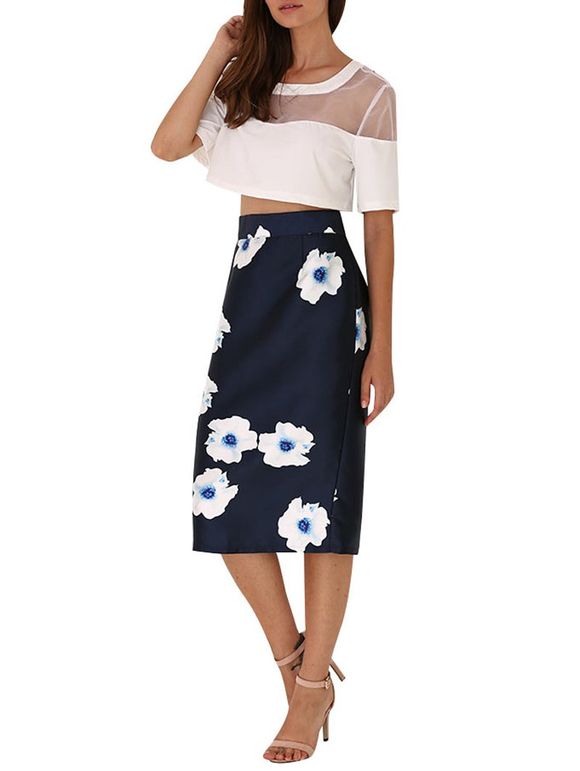 High Waist Floral Back Slit Bodycon Skirt - Noir M