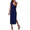 Sexy V-Neck Hollow Out Solid Color Women Midi Split Dress - Bleu M