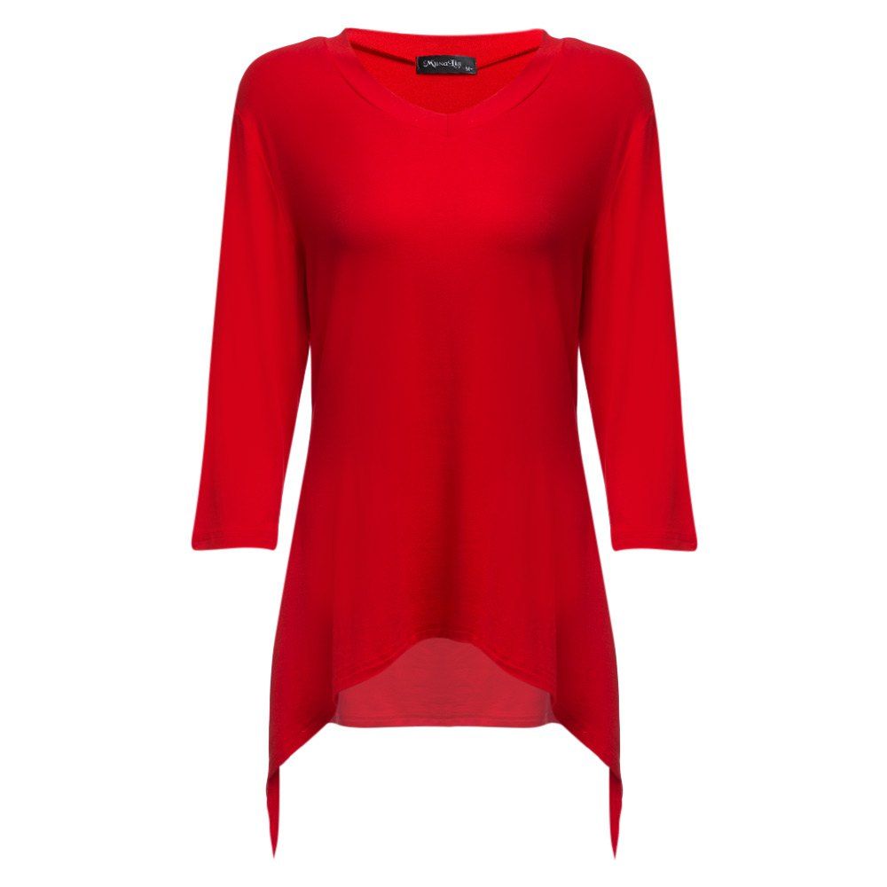 

Simple Style V-Neck Solid Color Asymmetrical Women T-Shirt, Red