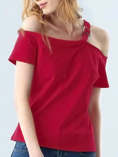 

Casual Off The Shoulder Short Sleeve Hollow Out Slim Women T-shirt, Red