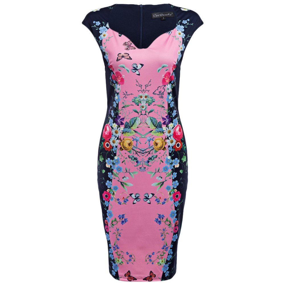 

CAIDIENU Trendy Sweetheart Neck Allover Floral Print Women Bodycon Dress, Light pink