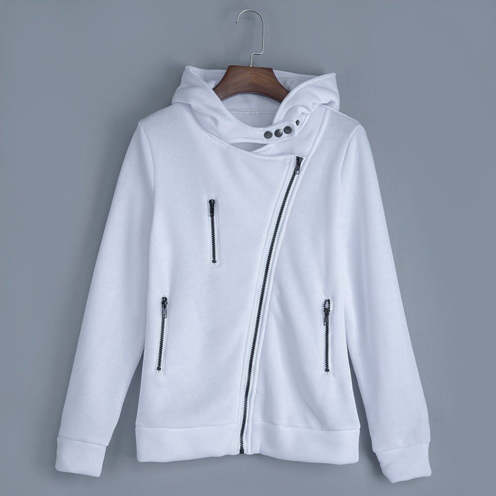

Casual Turn-down Collar Zipper Button Design Women Hoodie, White