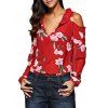 Old Classical V-Neck Flare Sleeve Flounced Floral Cut Out Women Chiffon Blouse - RED L