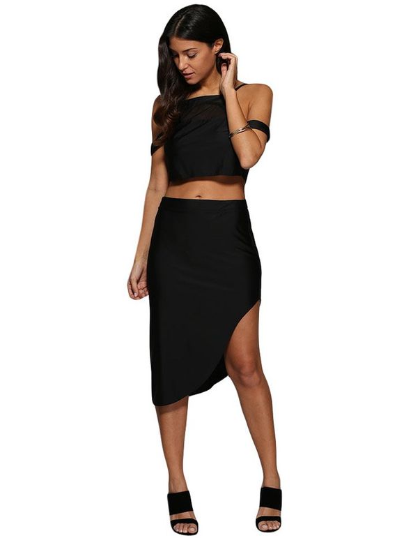 Sexy épaule froid taille moyenne robe asymétrique deux pièces femme - Noir XL