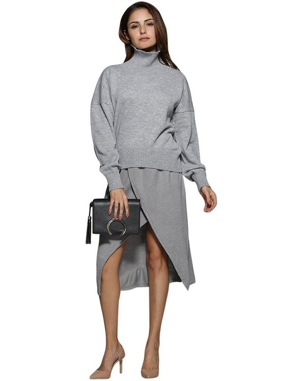 Pull à col roulé simple couleur pure femmes tricotées - Gris XL