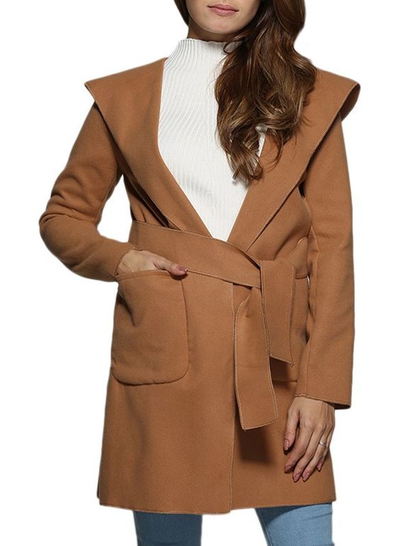 Trendy Hooded Front Pocket Pure Color Women Coat - CAMEL L