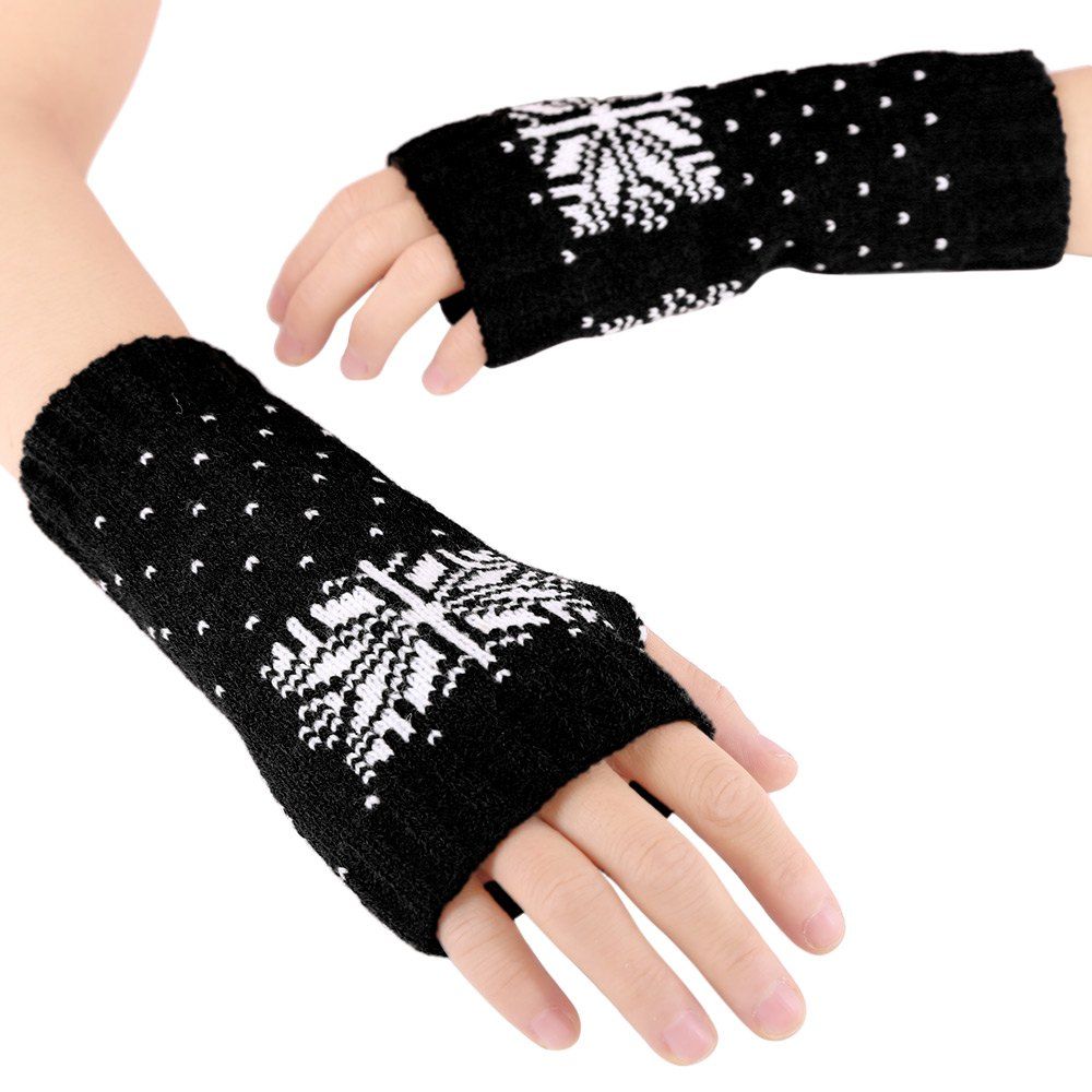 

Casual Color Block Snow Pattern Warm Open Finger Christmas Gloves for Women, Black