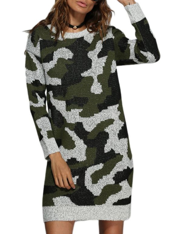 Robe de style camouflage à col rond avec des femmes - Vert Armée ONE SIZE(FIT SIZE XS TO M)