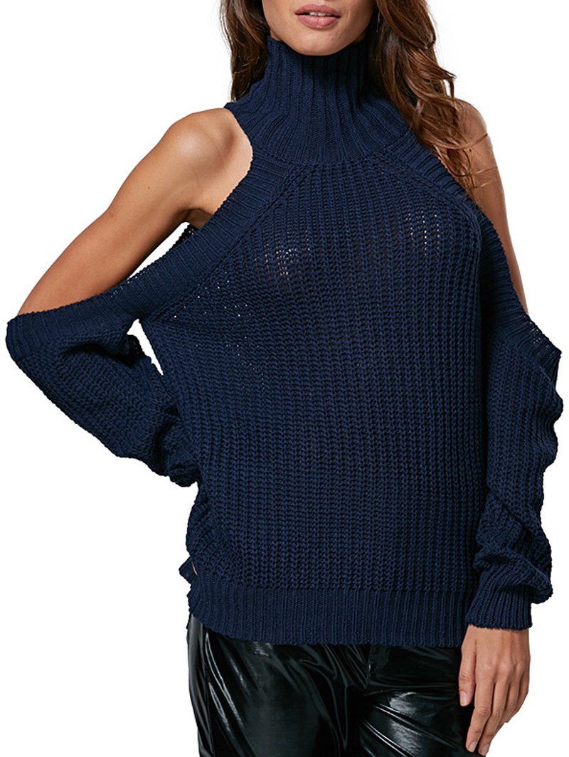 

Sexy Turtleneck Cold Shoulder Pure Color Loose Women Pullover, Purplish blue