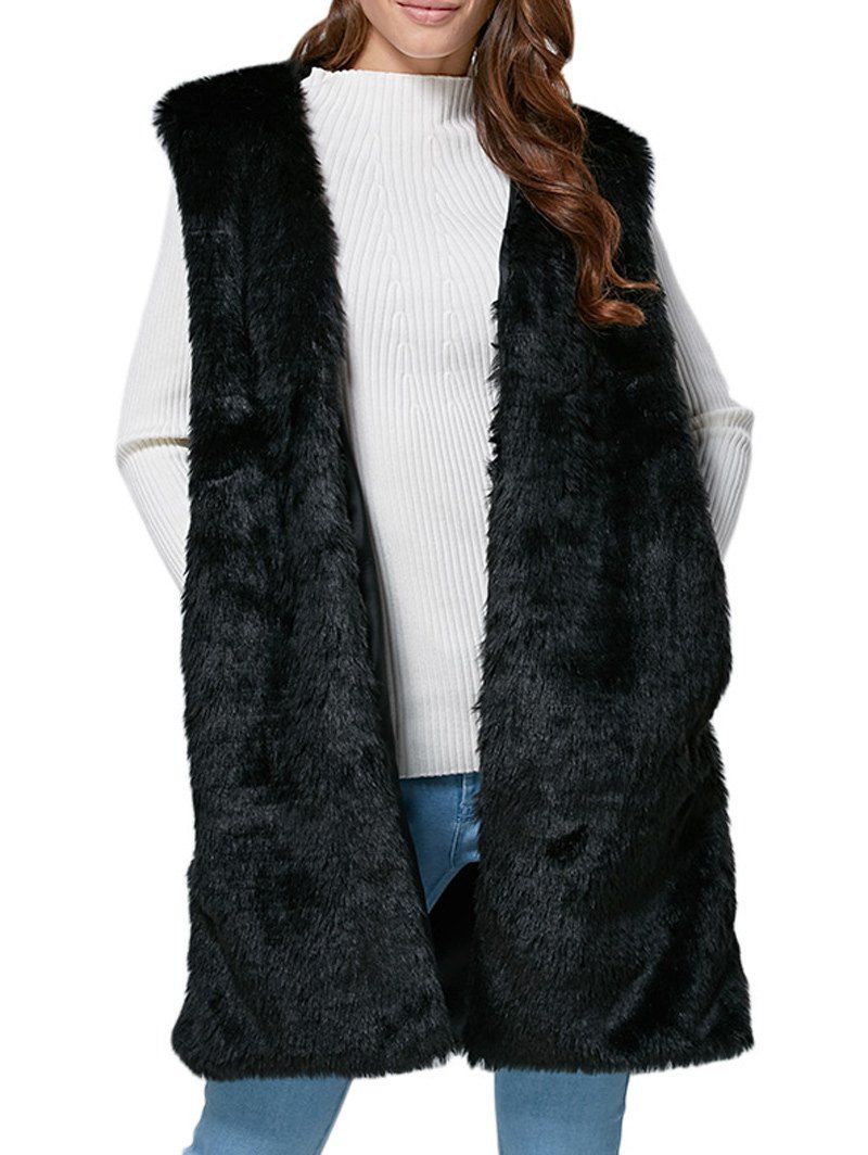

Chic Collarless Chunky Faux Fur Women Waistcoat, Black