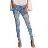 Chic Mid Waist Floral Print Frayed Skinny Women Jeans - Bleu L