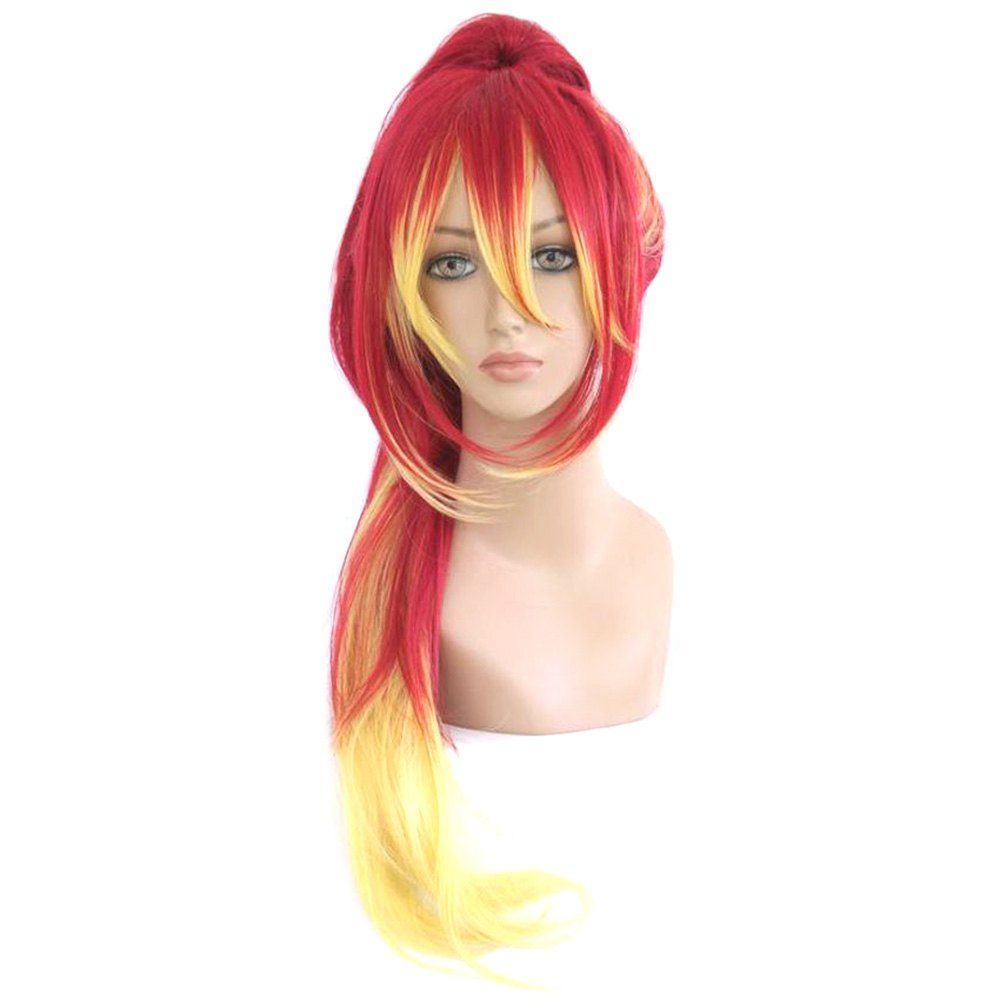 

Loose Wavy Mixed Color Red Yellow Wigs with Ponytail Cosplay for Blue Exorcist Kirigakure Shura Figure, Yellow and red