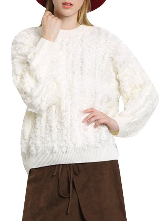 

Round Collar Fringed Color Women Pullover, Off-white
