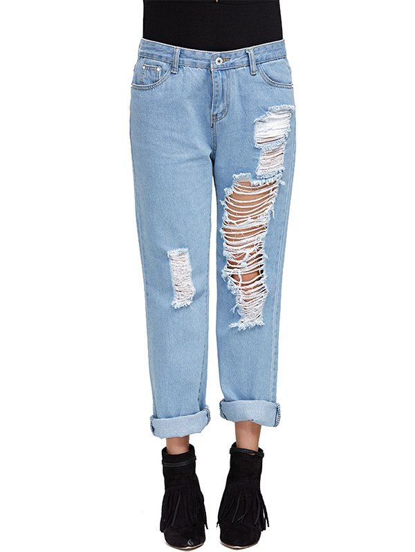 

Chic Mid Waist Frayed Hole Design Distressed Boyfriend Jeans, Light blue
