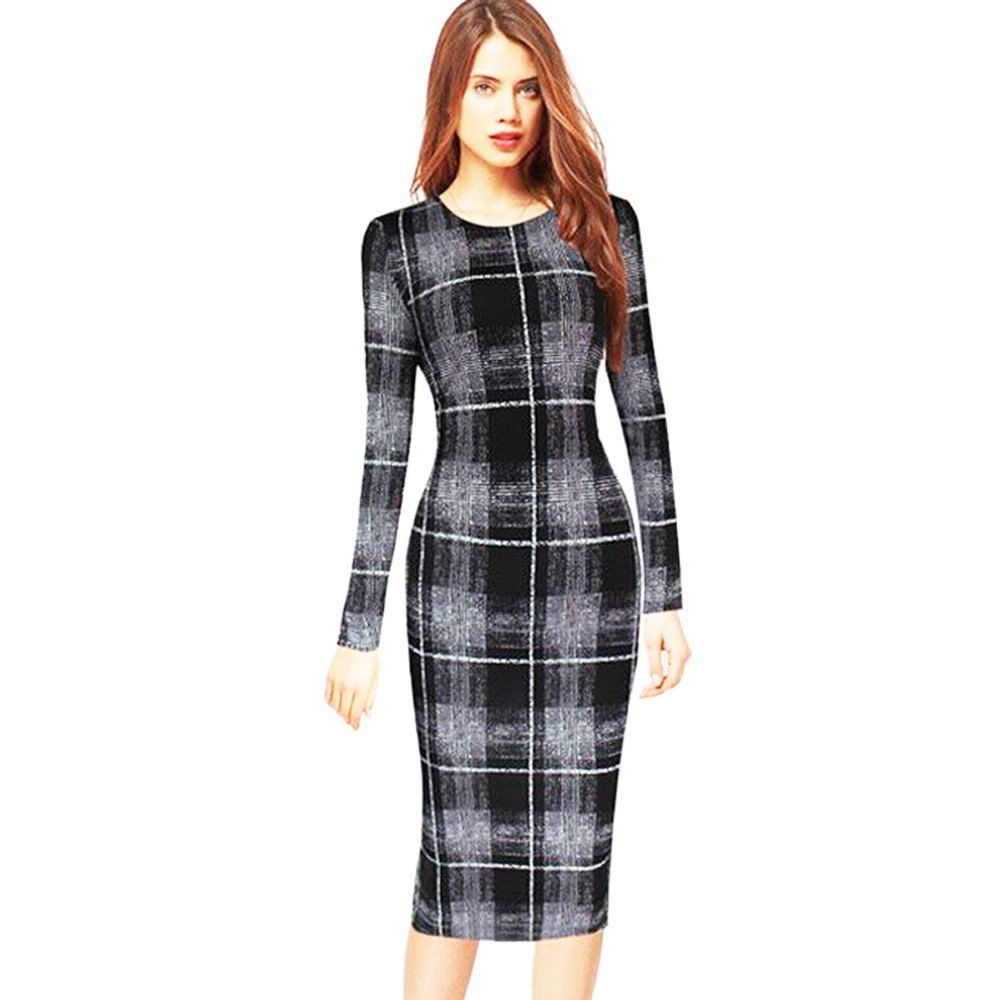 

Long Sleeve Print Sheath Midi Dress, Checked