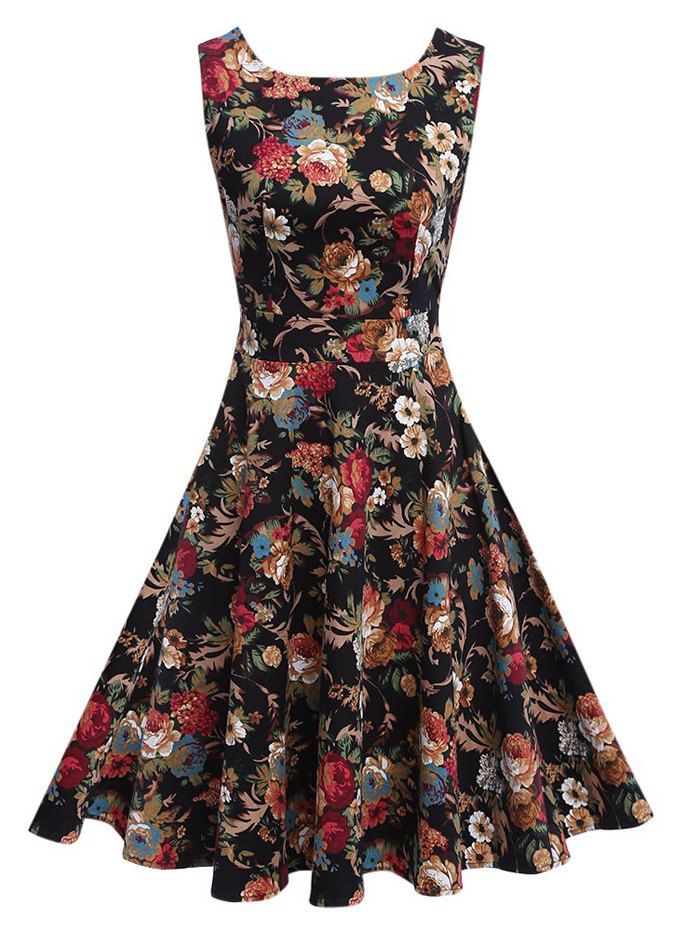 

Vintage Round Collar Sleeveless Back Zipper Bowtie Lace-up Floral Print Mid-calf Women A-line Dress, Black