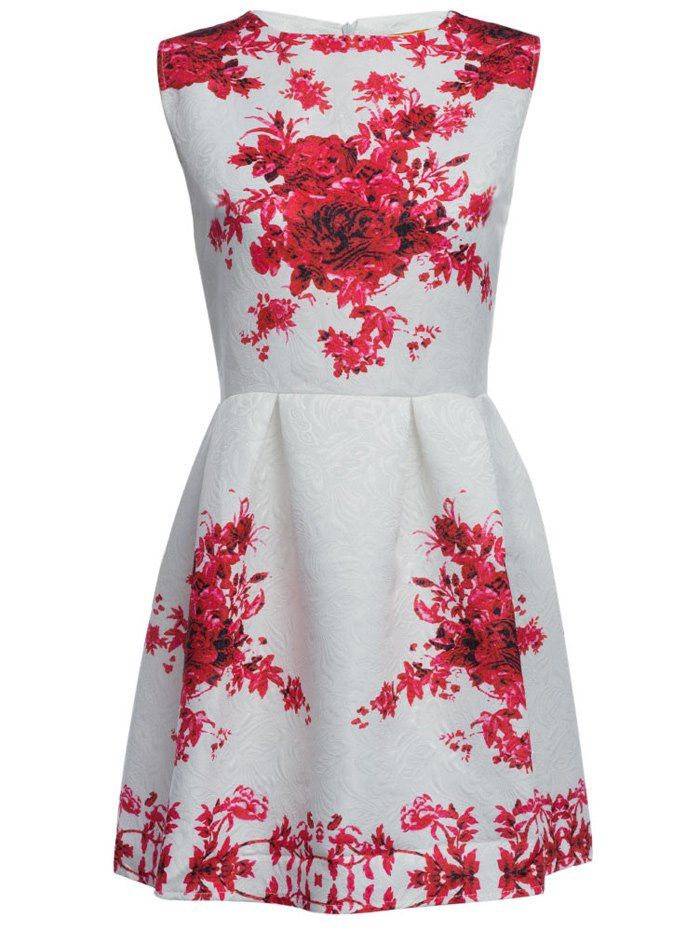 

Vintage Round Collar Sleeveless Floral Print A-Line Women Mini Dress, Red