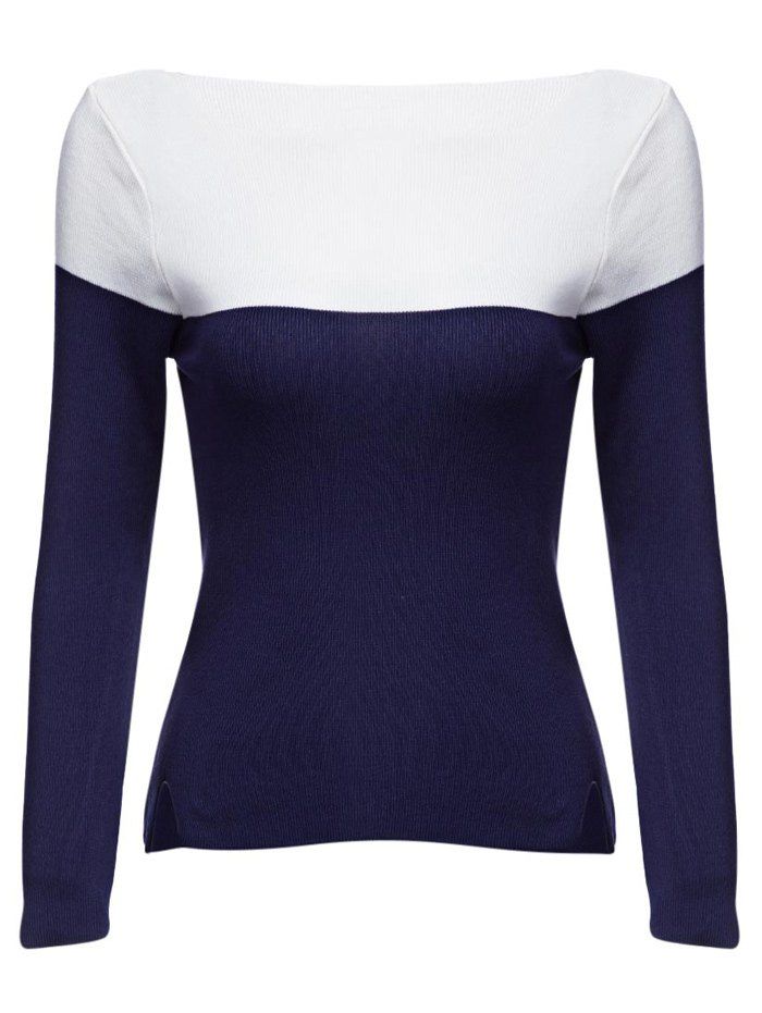 

Brief Round Collar Color Block Knitted Women Pullover, Blue and white