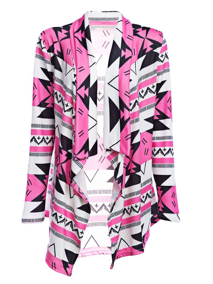 

Fashion Turn-down Collar Long Sleeve Allover Print Women Cardigan, Pink