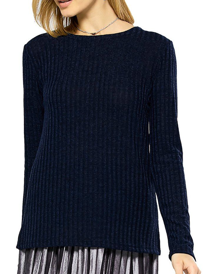 

Fashionable Round Collar Long Sleeve Back Bandage Design Knitted Pure Color Women Sweater, Purplish blue