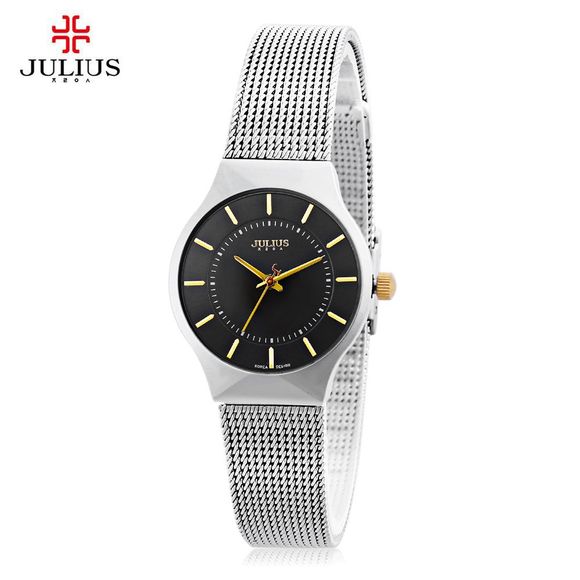 Julius JA - 577 montre-bracelet à quartz femelle Ultrathin bande de maille en acier inoxydable - Noir 