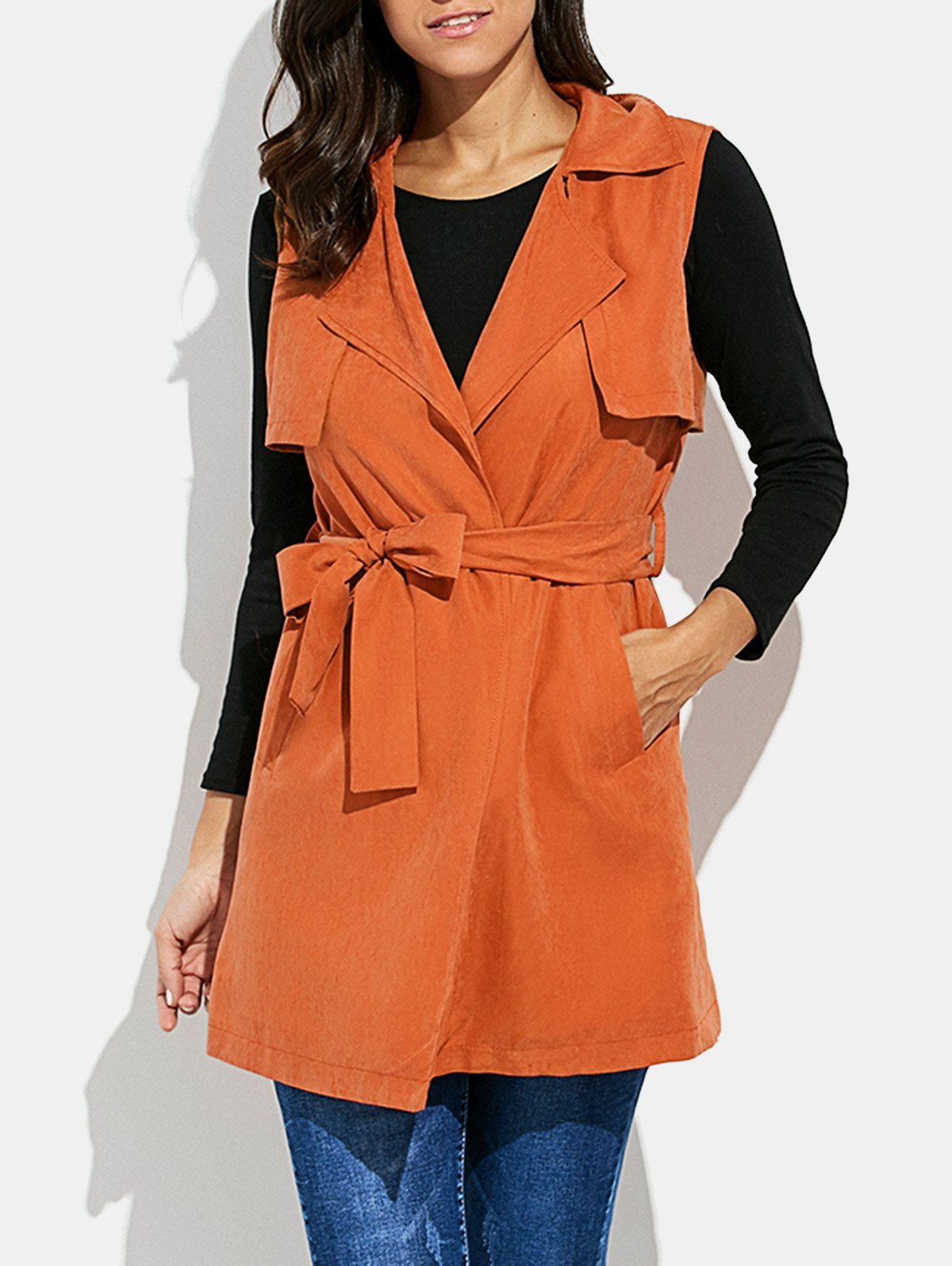 

Turn-down Collar Long Vest Jacket with Belt, Khaki