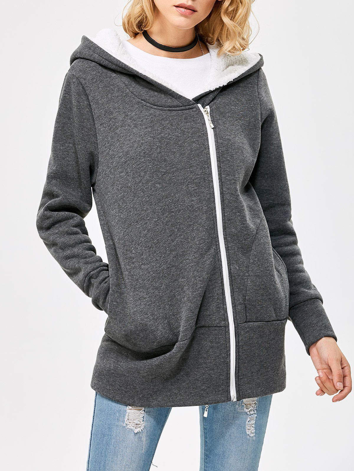 

Casual Solid Color Zipper Design Long Sleeve Hoodies for Women, Smoky gray