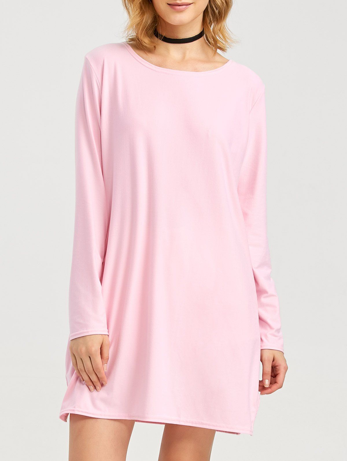 

Long Zipper Side Slit Long Sleeve T-Shirt, Pink