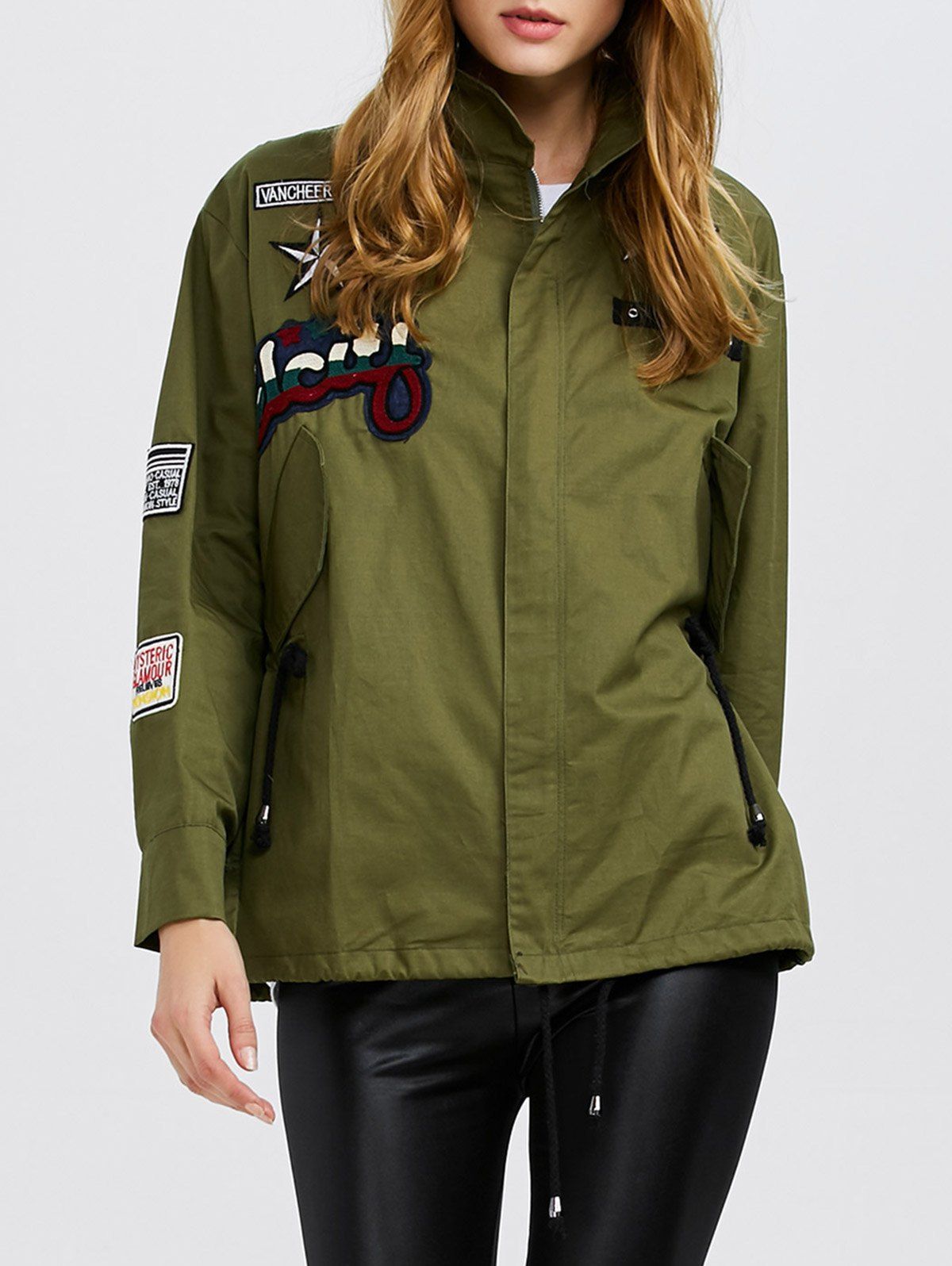 Fashion Turn-down Collar Long Sleeve Zipper Type Women Coat - ARMY GREEN XL