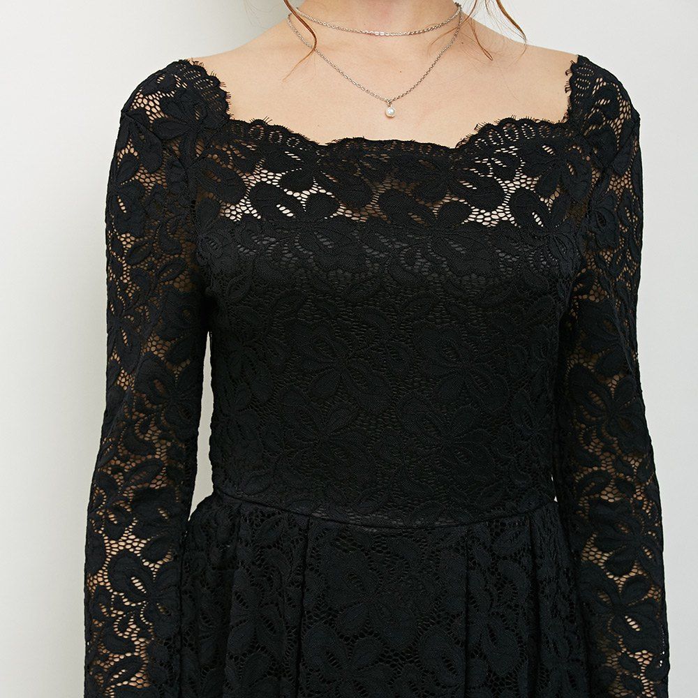 

Elegant Long Sleeve Slash Neck Hollow Out Lace Dress for Women, Black