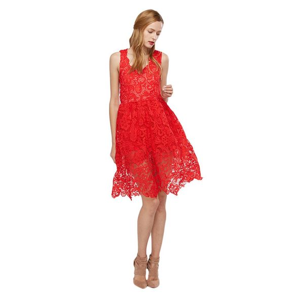 Elegant V-Cou sans Manches Pure Couleur Floral Décoration Femme Robe - Rouge L