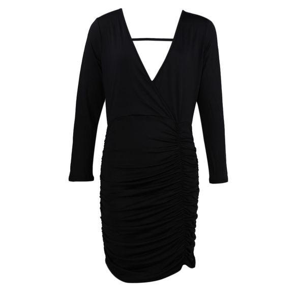 Sexy Plunging Long Sleeve Backless Draped Color Women Dress - Noir S