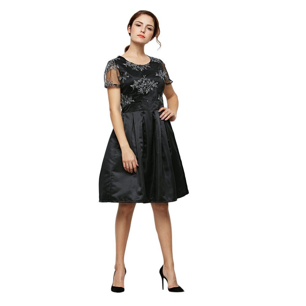 

Floral Print Lace Insert Knee Length Dress, Black