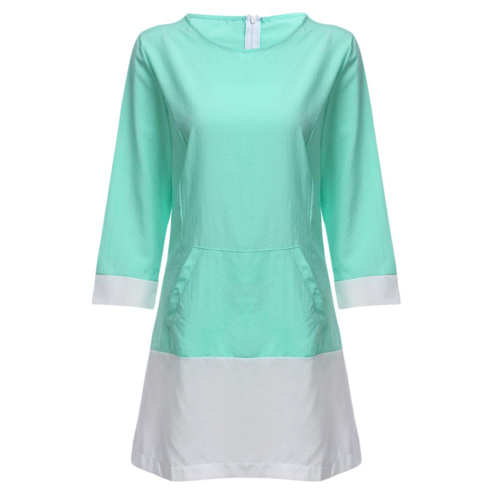 

Fashionable Round Collar Long Sleeve Color Block Spliced Women Dress, White and green