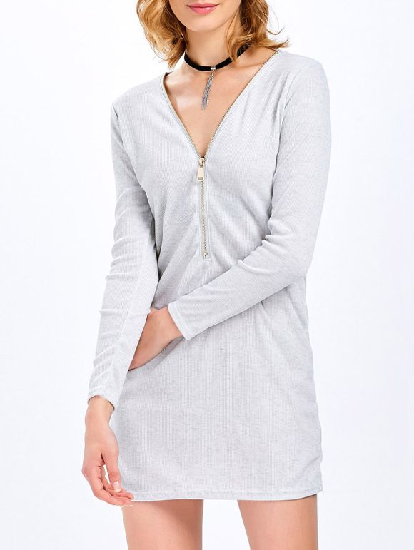 Brief Long Sleeve Plunging Neck Zipper Design Dress for Women - Gris Clair XL