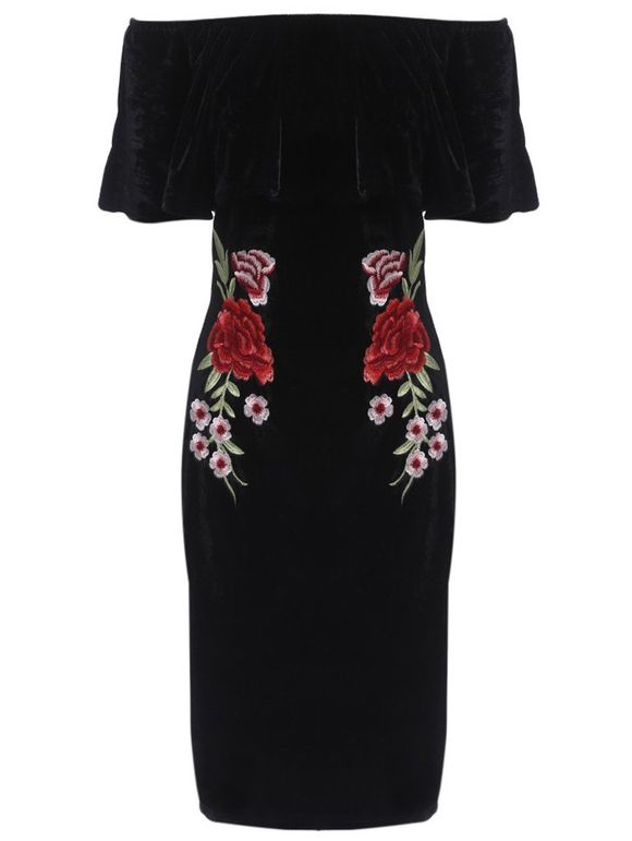 Off The Shoulder Bodycon Flower Embroidery Dress - BLACK M