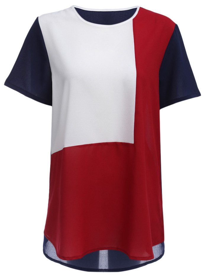 

Fashion Round Collar Color Block Spliced Women Chiffon T-shirt, Claret