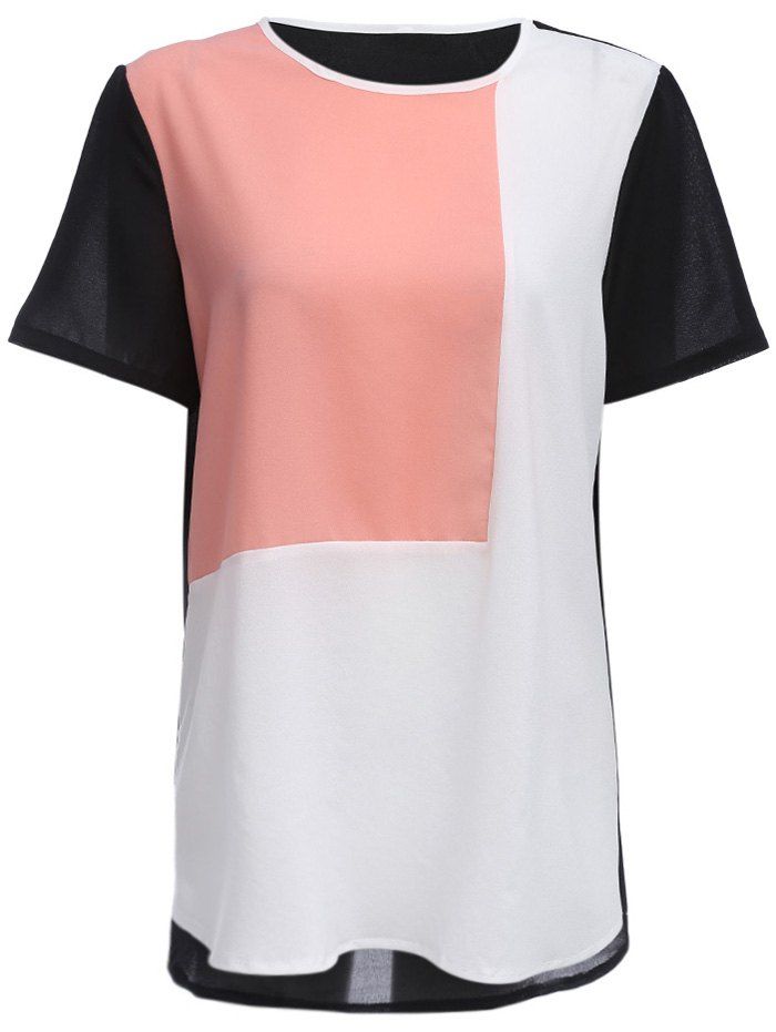 [41% OFF] 2021 Fashion Round Collar Color Block Spliced Women Chiffon T ...