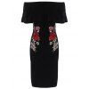 Off The Shoulder Bodycon Flower Embroidery Dress - BLACK M