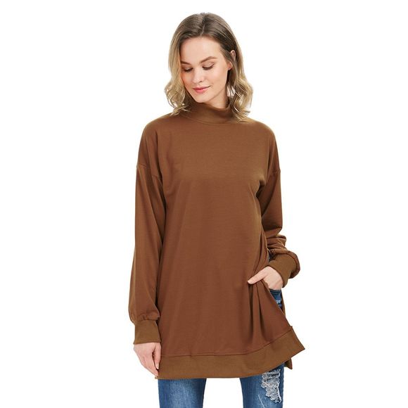 Trendy Long Sleeve Turtleneck Slit Design Brown Sweatshirt for Women - Camel XL