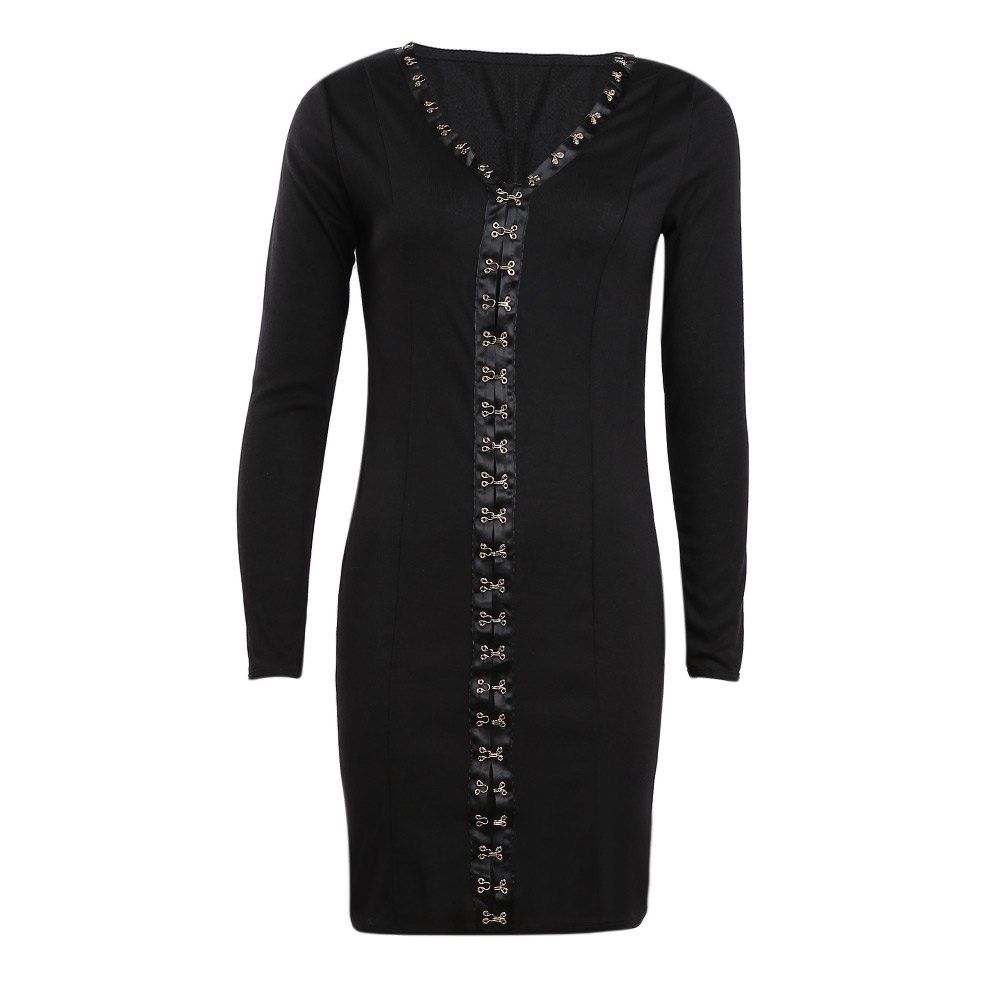 

Sexy Solid Long Sleeve Gold Hook Skinny Mini Dress, Black