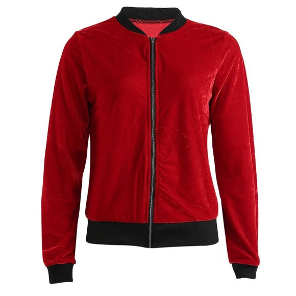 Fashion Solid Slim Jacket Velour Long Sleeves Short Coat - Rouge XL