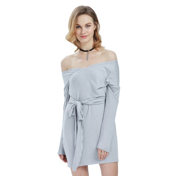 Robe à manches longues sexy sur la ceinture d'épaule Design Sweater Dress for Women - Gris Clair XL