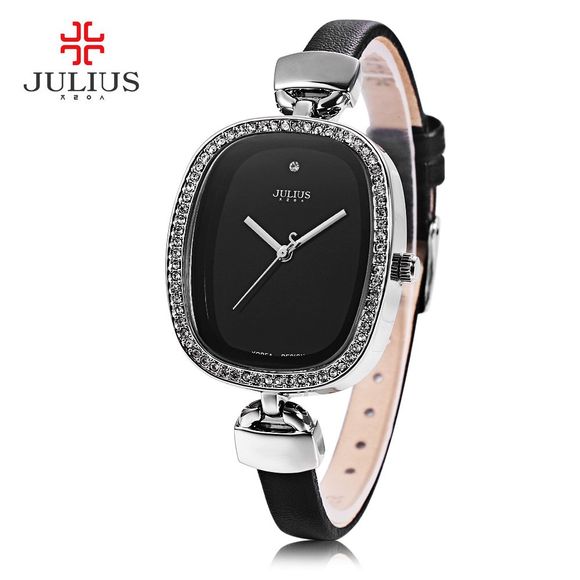 Julius JA - 298 montre à quartz femme bande de cuir mince élégante strass - Noir 