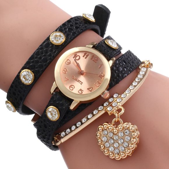 Vintage Leopard Leather Wrap Bracelet Wrist Women Watch with Heart Pendant Rhinestone - Noir 