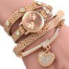 Vintage Leopard Leather Wrap Bracelet Wrist Women Watch with Heart Pendant Rhinestone - Beige 