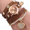 Vintage Leopard Leather Wrap Bracelet Wrist Women Watch with Heart Pendant Rhinestone - café 