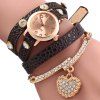 Vintage Leopard Leather Wrap Bracelet Wrist Women Watch with Heart Pendant Rhinestone - Brun 