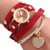 Vintage Leopard Leather Wrap Bracelet Wrist Women Watch with Heart Pendant Rhinestone - Rouge 